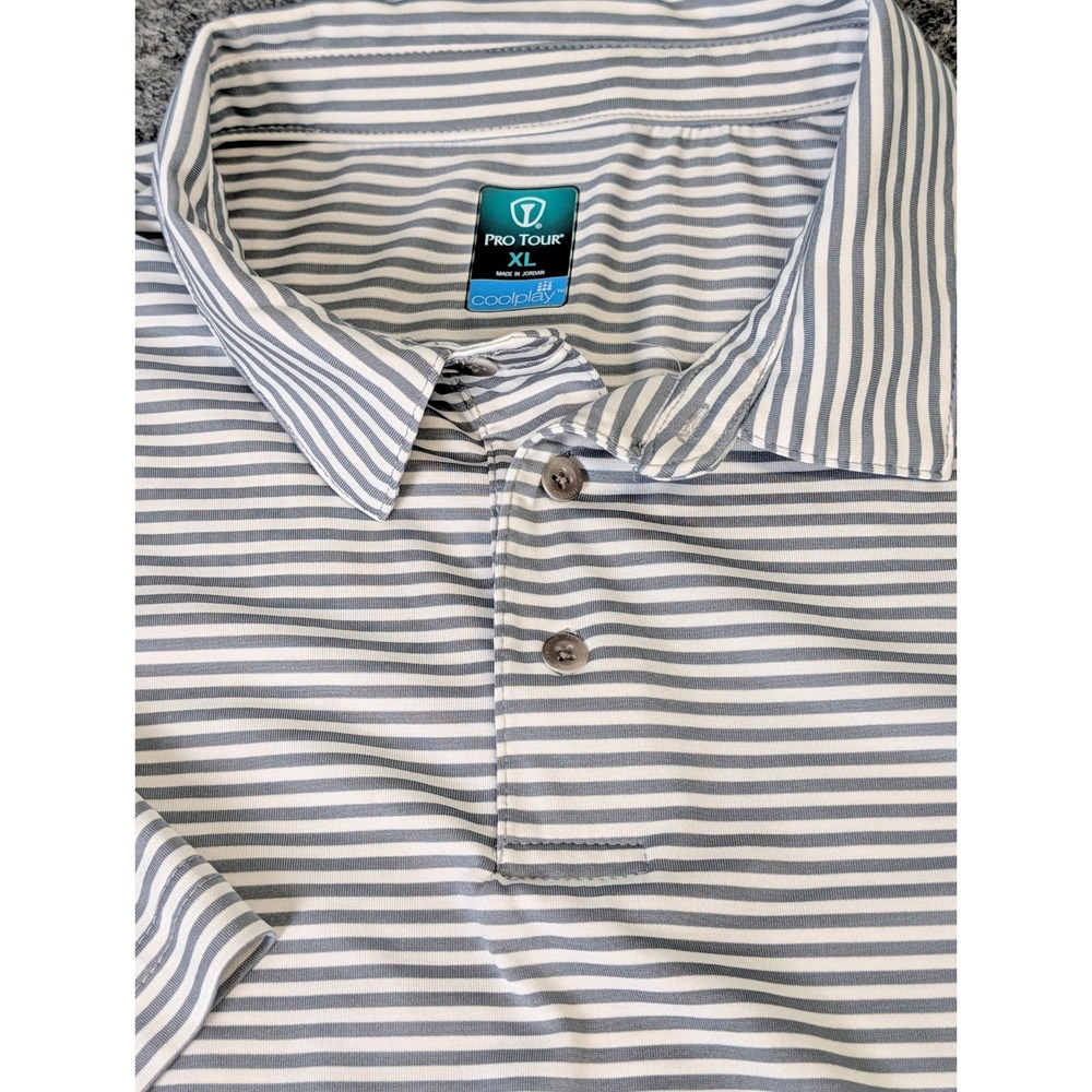 Pro Tour Cool Play Golf Polo Shirt Men's XL White/Gray Stripes Polyester
